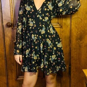 FP Movement by Free People Black with Floral Print Long Sleeve Dress